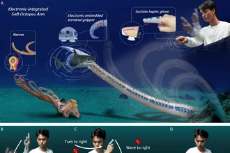 Человек управляет робощупальцем для захвата предметов под водой и на суше